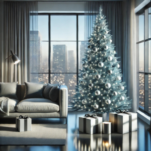 Ein minimalistisches, modernes Wohnzimmer mit einem blauen, schlanken Weihnachtsbaum, der mit silbernen Ornamenten und weißen LED-Lichtern versehen ist. 