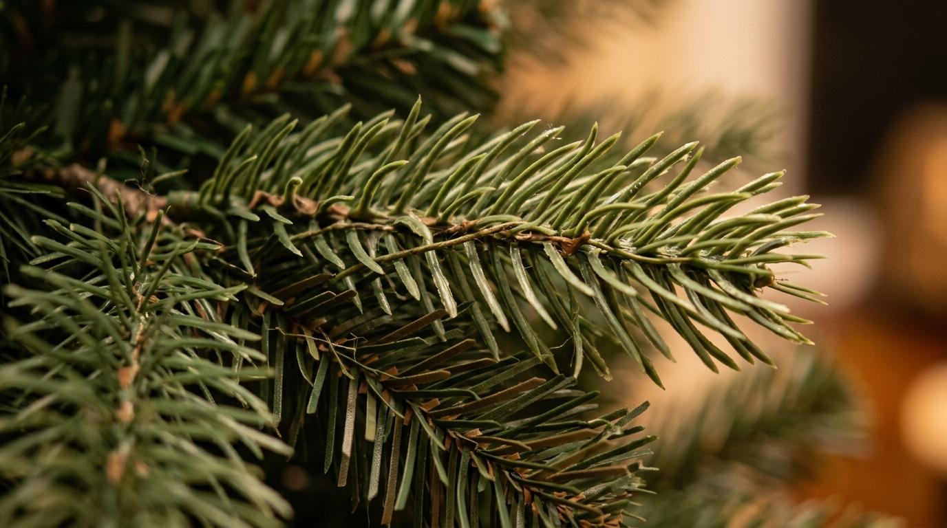 Nahaufnahme der Zweige eines künstlichen Christbaums mit 225 cm Höhe mit naturgetreuen PE-Spritzguss-Nadeln und dichtem PVC-Nadelkern Nahaufnahme der Zweige eines künstlichen Christbaums mit 225 cm Höhe mit naturgetreuen PE-Spritzguss-Nadeln und dichtem PVC-Nadelkern