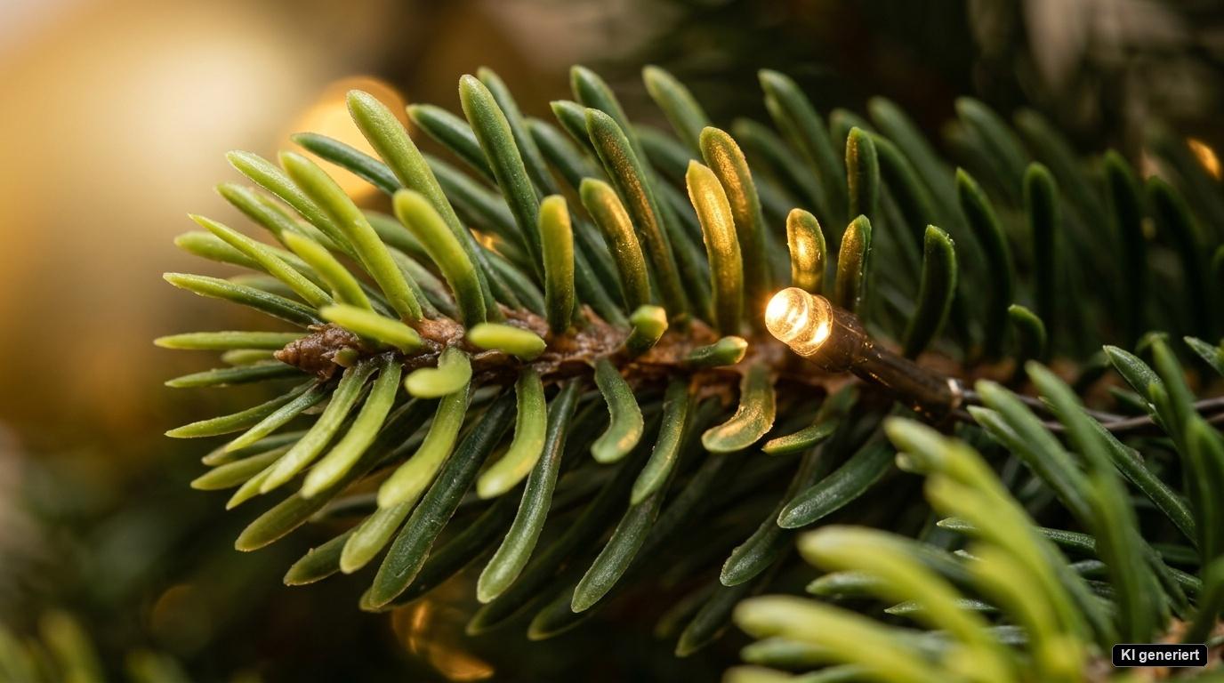 Nahaufnahme detailgetreuer künstlicher Tannennadeln aus Spritzguss, zwischen denen feine warmweiße LED-Lämpchen leuchten. Nahaufnahme detailgetreuer künstlicher Tannennadeln aus Spritzguss, zwischen denen feine warmweiße LED-Lämpchen leuchten.