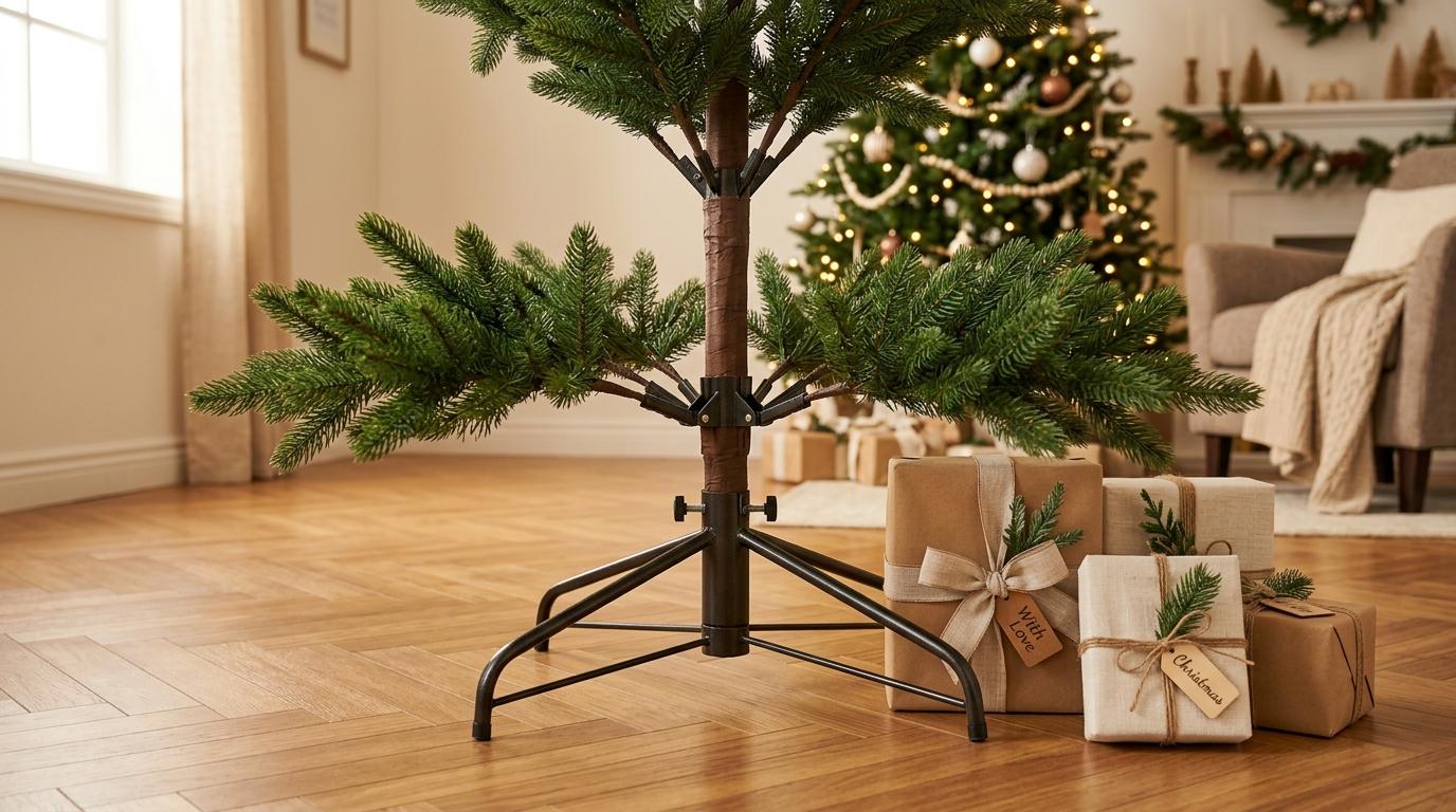 Stabiler Metallständer eines künstlichen Weihnachtsbaums auf Parkettboden neben weihnachtlich verpackten Geschenken Stabiler Metallständer eines künstlichen Weihnachtsbaums auf Parkettboden neben weihnachtlich verpackten Geschenken