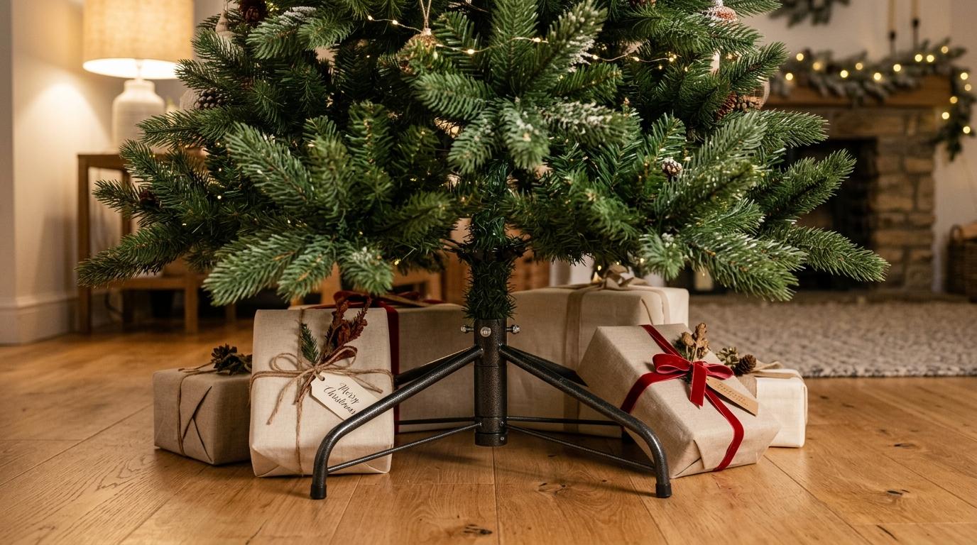 Stabiler Metallständer für künstliche Weihnachtsbäume 115 cm auf Parkettboden mit gleichmäßig entfalteten Zweigen Stabiler Metallständer für künstliche Weihnachtsbäume 115 cm auf Parkettboden mit gleichmäßig entfalteten Zweigen