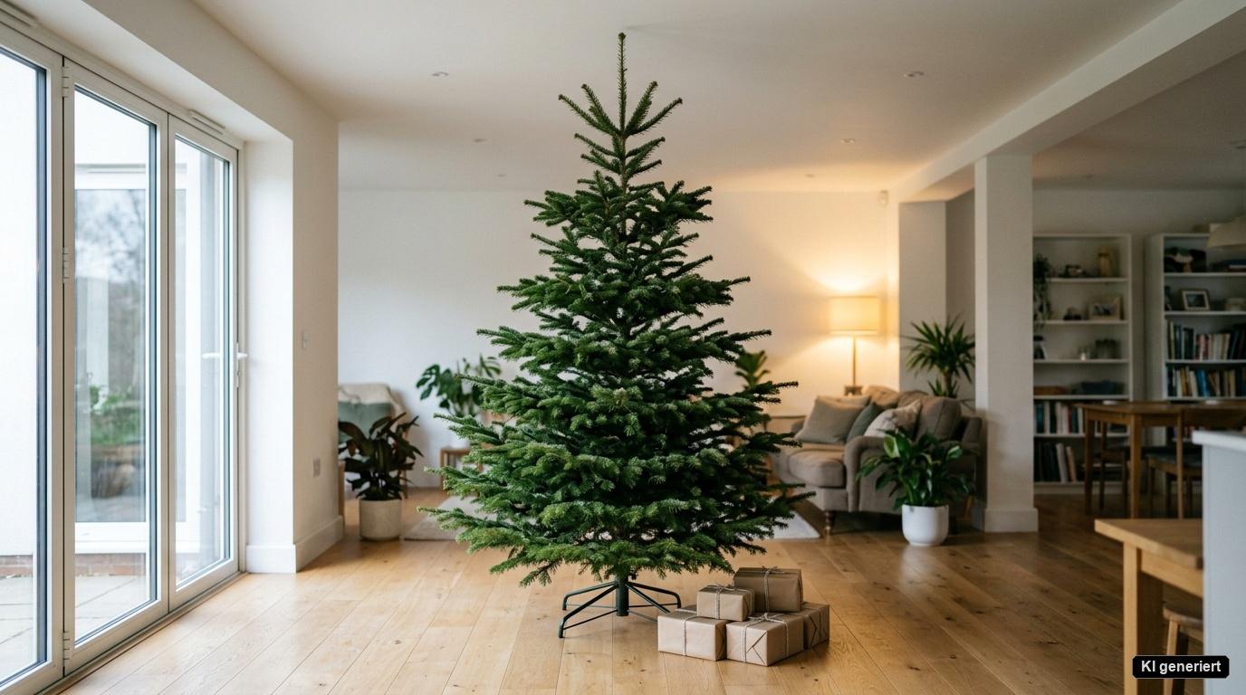 VeriNatural Weihnachtsbaum im offenen Wohnzimmer auf stabilem Metallständer mit dezentem Baumbehang. VeriNatural Weihnachtsbaum im offenen Wohnzimmer auf stabilem Metallständer mit dezentem Baumbehang.