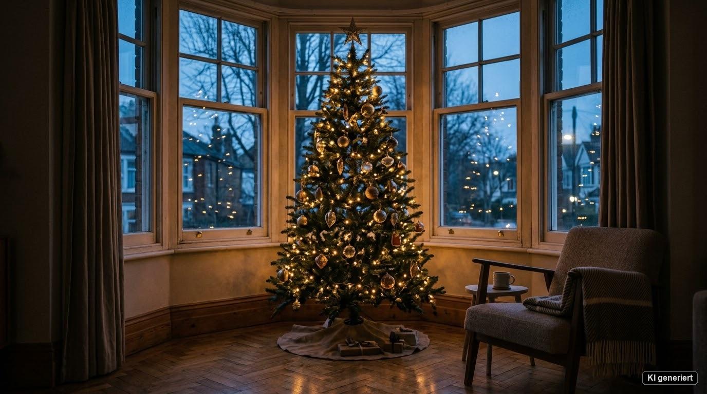 VeriNatural Weihnachtsbaum mit warmen Lichterketten im gemütlichen Fenstererker bei Abenddämmerung. VeriNatural Weihnachtsbaum mit warmen Lichterketten im gemütlichen Fenstererker bei Abenddämmerung.