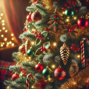 Ein dekorierter künstlicher Weihnachtsbaum mit klassischen Farben (Rot, Grün und Gold)