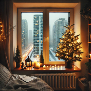 Ein kleiner künstlicher Weihnachtsbaum auf einer Fensterbank, kann für einen besonderen Weihnachtsflair sorgen.