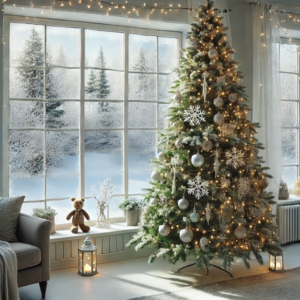 Schlichte Dekoration mit einem künstlichen Weihnachtsbaum in einer wunderschönen Winterlandschaft