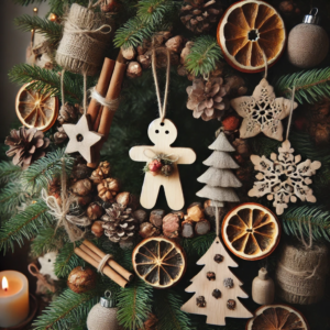 Dekorative Elemente für einen Weihnachtsbaum aus natürlichen Materialien (Holzfiguren, Tannenzweige, Orangenscheiben)